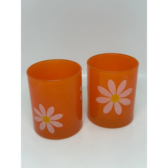 VTG Orange Glass Tumblers w/ White Daisy Print – Set of 2, Retro Cups 2.5″×3.5″ - Picture 3 of 8